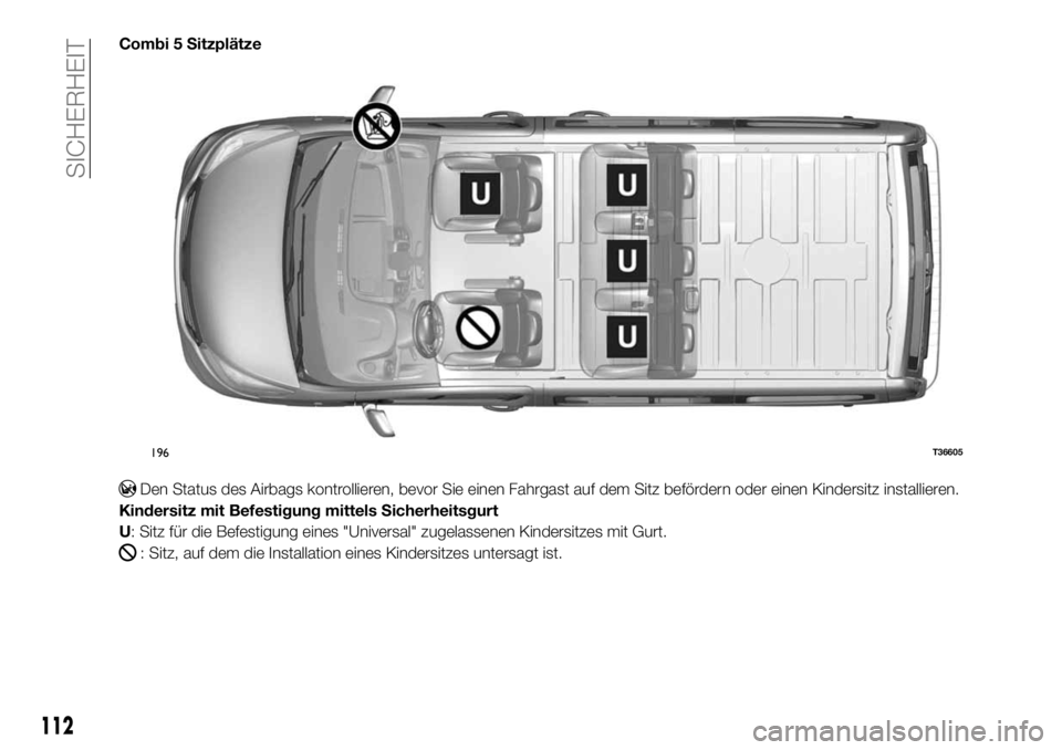 FIAT TALENTO 2021 Betriebsanleitung (in German) Combi 5 Sitzplätze
Den Status des Airbags kontrollieren, bevor Sie einen Fahrgast auf dem Sitz befördern oder einen Kindersitz installieren.
Kindersitz mit Befestigung mittels Sicherheitsgurt
U: Sit FIAT TALENTO 2021 Betriebsanleitung (in German) Combi 5 Sitzplätze
Den Status des Airbags kontrollieren, bevor Sie einen Fahrgast auf dem Sitz befördern oder einen Kindersitz installieren.
Kindersitz mit Befestigung mittels Sicherheitsgurt
U: Sit