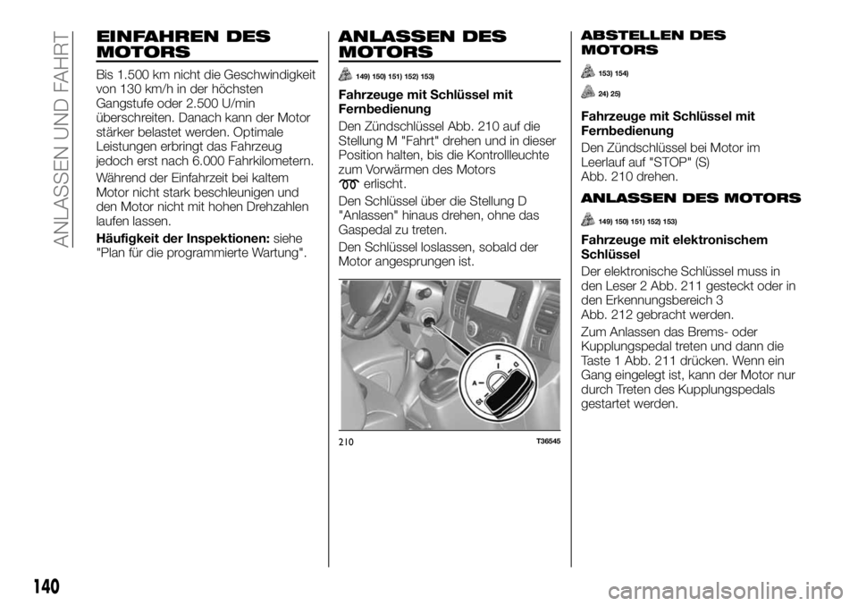 FIAT TALENTO 2020  Betriebsanleitung (in German) EINFAHREN DES
MOTORS
Bis 1.500 km nicht die Geschwindigkeit
von 130 km/h in der höchsten
Gangstufe oder 2.500 U/min
überschreiten. Danach kann der Motor
stärker belastet werden. Optimale
Leistungen
