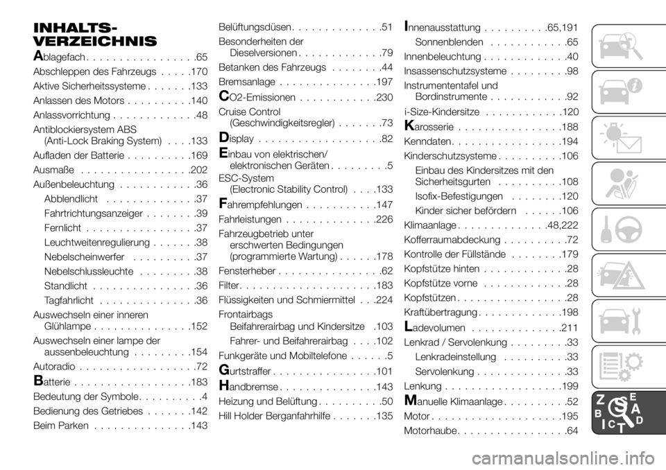 FIAT TALENTO 2021 Betriebsanleitung (in German) INHALTS-
VERZEICHNIS
Ablagefach.................65
Abschleppen des Fahrzeugs.....170
Aktive Sicherheitssysteme.......133
Anlassen des Motors..........140
Anlassvorrichtung.............48
Antiblockiers FIAT TALENTO 2021 Betriebsanleitung (in German) INHALTS-
VERZEICHNIS
Ablagefach.................65
Abschleppen des Fahrzeugs.....170
Aktive Sicherheitssysteme.......133
Anlassen des Motors..........140
Anlassvorrichtung.............48
Antiblockiers