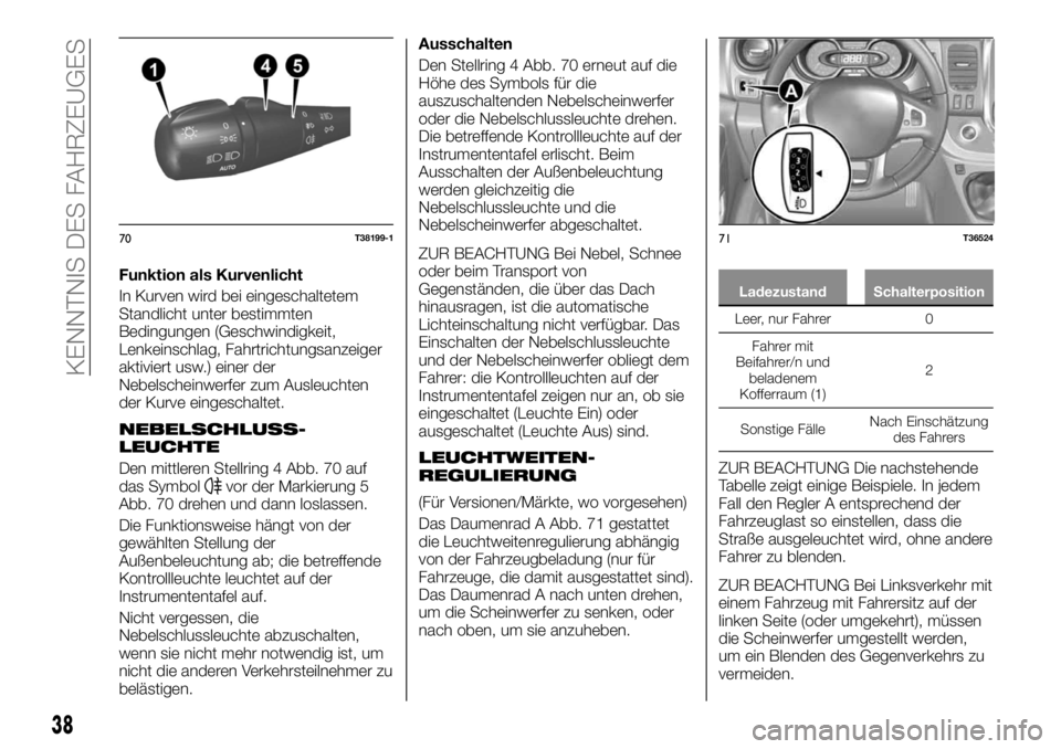 FIAT TALENTO 2020  Betriebsanleitung (in German) Funktion als Kurvenlicht
In Kurven wird bei eingeschaltetem
Standlicht unter bestimmten
Bedingungen (Geschwindigkeit,
Lenkeinschlag, Fahrtrichtungsanzeiger
aktiviert usw.) einer der
Nebelscheinwerfer 