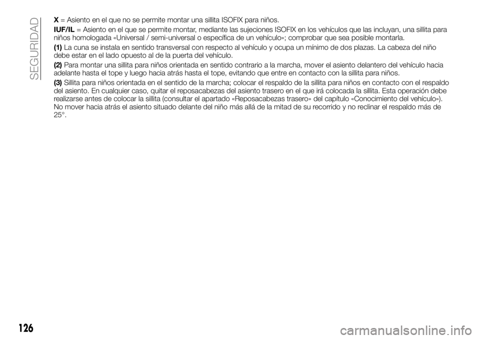 FIAT TALENTO 2017  Manual de Empleo y Cuidado (in Spanish) X= Asiento en el que no se permite montar una sillita ISOFIX para niños.
IUF/IL= Asiento en el que se permite montar, mediante las sujeciones ISOFIX en los vehículos que las incluyan, una sillita pa