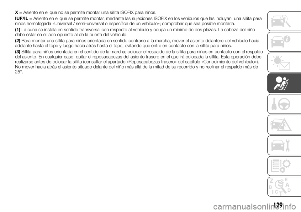 FIAT TALENTO 2017  Manual de Empleo y Cuidado (in Spanish) X= Asiento en el que no se permite montar una sillita ISOFIX para niños.
IUF/IL= Asiento en el que se permite montar, mediante las sujeciones ISOFIX en los vehículos que las incluyan, una sillita pa