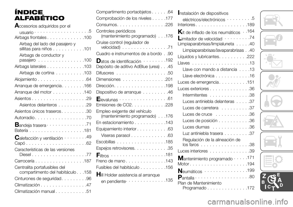 FIAT TALENTO 2017  Manual de Empleo y Cuidado (in Spanish) ÍNDICE
ALFABÉTICO
Accesorios adquiridos por el
usuario...................5
Airbags frontales.............100
Airbag del lado del pasajero y
sillitas para niños...........101
Airbags de conductor y
