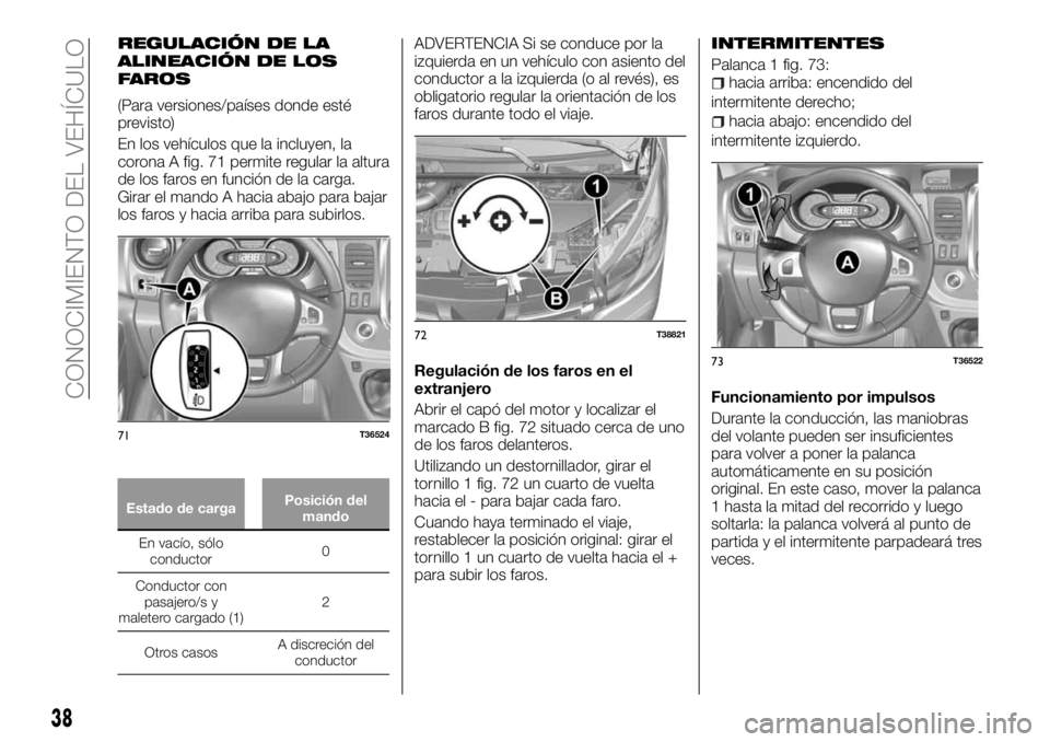 FIAT TALENTO 2017  Manual de Empleo y Cuidado (in Spanish) REGULACIÓN DE LA
ALINEACIÓN DE LOS
FAROS
(Para versiones/países donde esté
previsto)
En los vehículos que la incluyen, la
corona A fig. 71 permite regular la altura
de los faros en función de la