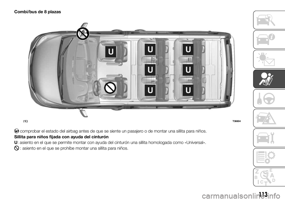 FIAT TALENTO 2018 Manual de Empleo y Cuidado (in Spanish) Combi/bus de 8 plazas
comprobar el estado del airbag antes de que se siente un pasajero o de montar una sillita para niños.
Sillita para niños fijada con ayuda del cinturón
U: asiento en el que se FIAT TALENTO 2018 Manual de Empleo y Cuidado (in Spanish) Combi/bus de 8 plazas
comprobar el estado del airbag antes de que se siente un pasajero o de montar una sillita para niños.
Sillita para niños fijada con ayuda del cinturón
U: asiento en el que se