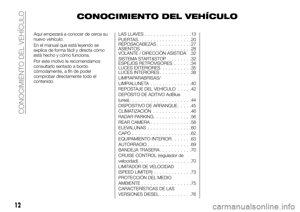 FIAT TALENTO 2018 Manual de Empleo y Cuidado (in Spanish) CONOCIMIENTO DEL VEHÍCULO
Aquí empezará a conocer de cerca su
nuevo vehículo.
En el manual que está leyendo se
explica de forma fácil y directa cómo
está hecho y cómo funciona.
Por este motiv FIAT TALENTO 2018 Manual de Empleo y Cuidado (in Spanish) CONOCIMIENTO DEL VEHÍCULO
Aquí empezará a conocer de cerca su
nuevo vehículo.
En el manual que está leyendo se
explica de forma fácil y directa cómo
está hecho y cómo funciona.
Por este motiv