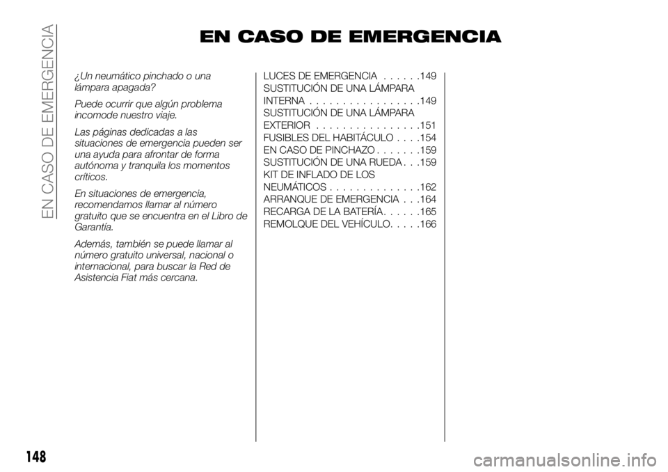 FIAT TALENTO 2018  Manual de Empleo y Cuidado (in Spanish) EN CASO DE EMERGENCIA
¿Un neumático pinchado o una
lámpara apagada?
Puede ocurrir que algún problema
incomode nuestro viaje.
Las páginas dedicadas a las
situaciones de emergencia pueden ser
una a