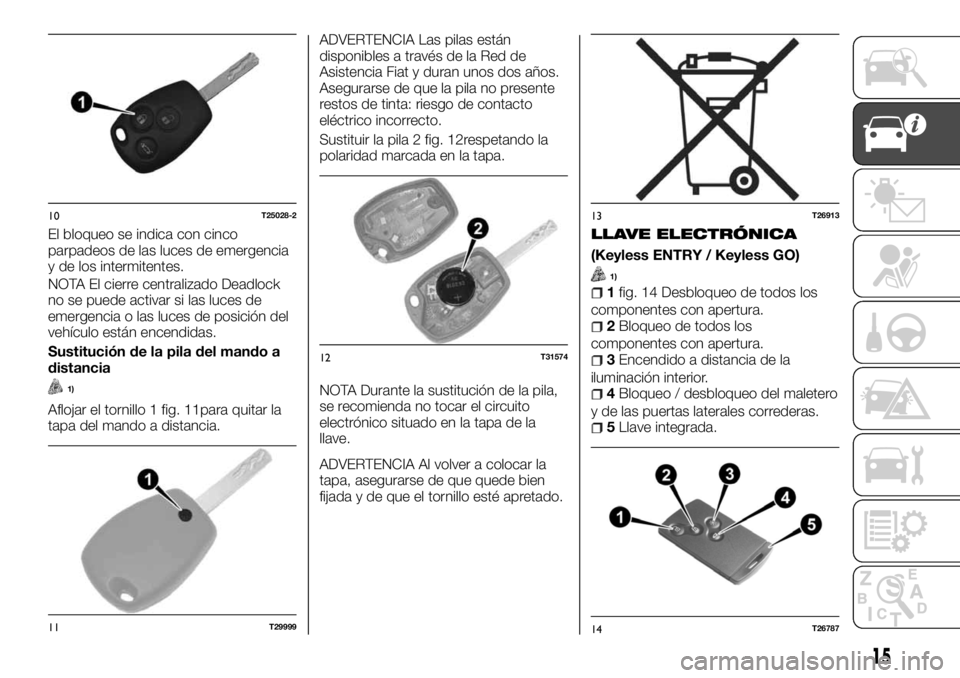 FIAT TALENTO 2018 Manual de Empleo y Cuidado (in Spanish) El bloqueo se indica con cinco
parpadeos de las luces de emergencia
y de los intermitentes.
NOTA El cierre centralizado Deadlock
no se puede activar si las luces de
emergencia o las luces de posición FIAT TALENTO 2018 Manual de Empleo y Cuidado (in Spanish) El bloqueo se indica con cinco
parpadeos de las luces de emergencia
y de los intermitentes.
NOTA El cierre centralizado Deadlock
no se puede activar si las luces de
emergencia o las luces de posición