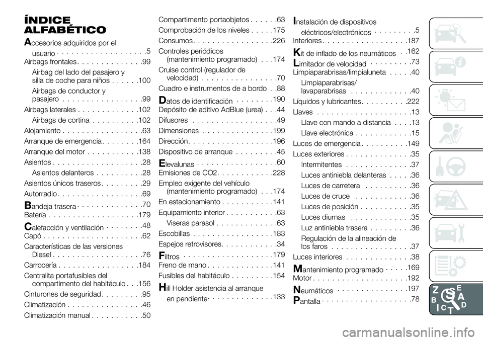 FIAT TALENTO 2018  Manual de Empleo y Cuidado (in Spanish) ÍNDICE
ALFABÉTICO
Accesorios adquiridos por el
usuario...................5
Airbags frontales..............99
Airbag del lado del pasajero y
silla de coche para niños......100
Airbags de conductor y
