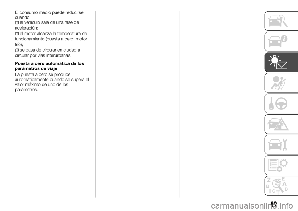 FIAT TALENTO 2018  Manual de Empleo y Cuidado (in Spanish) El consumo medio puede reducirse
cuando:
el vehículo sale de una fase de
aceleración;
el motor alcanza la temperatura de
funcionamiento (puesta a cero: motor
frío);
se pasa de circular en ciudad a
