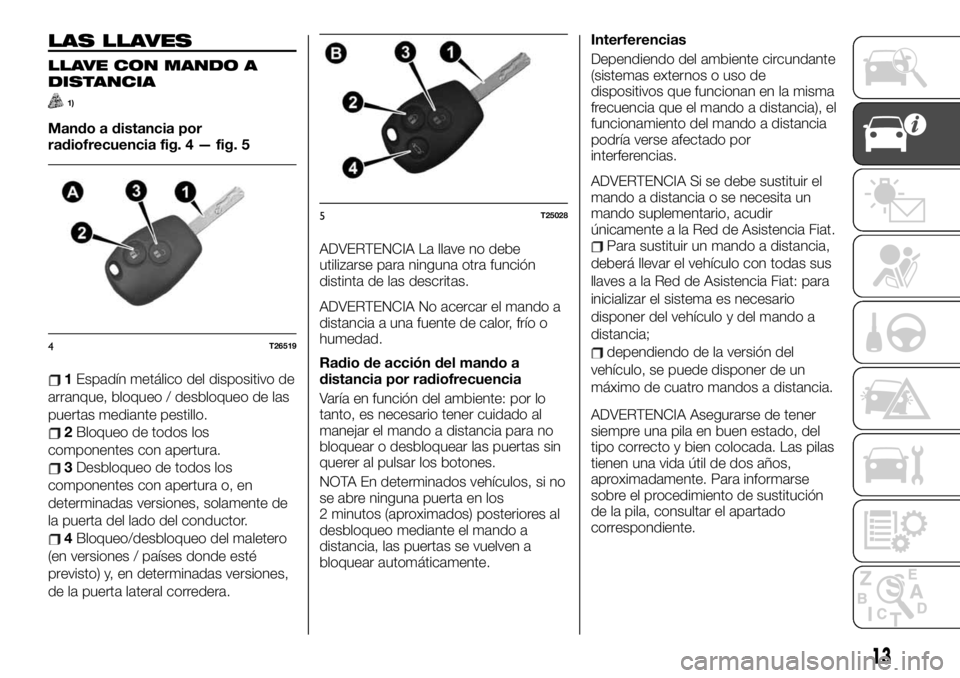 FIAT TALENTO 2020 Manual de Empleo y Cuidado (in Spanish) LAS LLAVES
LLAVE CON MANDO A
DISTANCIA
1)
Mando a distancia por
radiofrecuencia fig. 4 — fig. 5
1Espadín metálico del dispositivo de
arranque, bloqueo / desbloqueo de las
puertas mediante pestillo FIAT TALENTO 2020 Manual de Empleo y Cuidado (in Spanish) LAS LLAVES
LLAVE CON MANDO A
DISTANCIA
1)
Mando a distancia por
radiofrecuencia fig. 4 — fig. 5
1Espadín metálico del dispositivo de
arranque, bloqueo / desbloqueo de las
puertas mediante pestillo