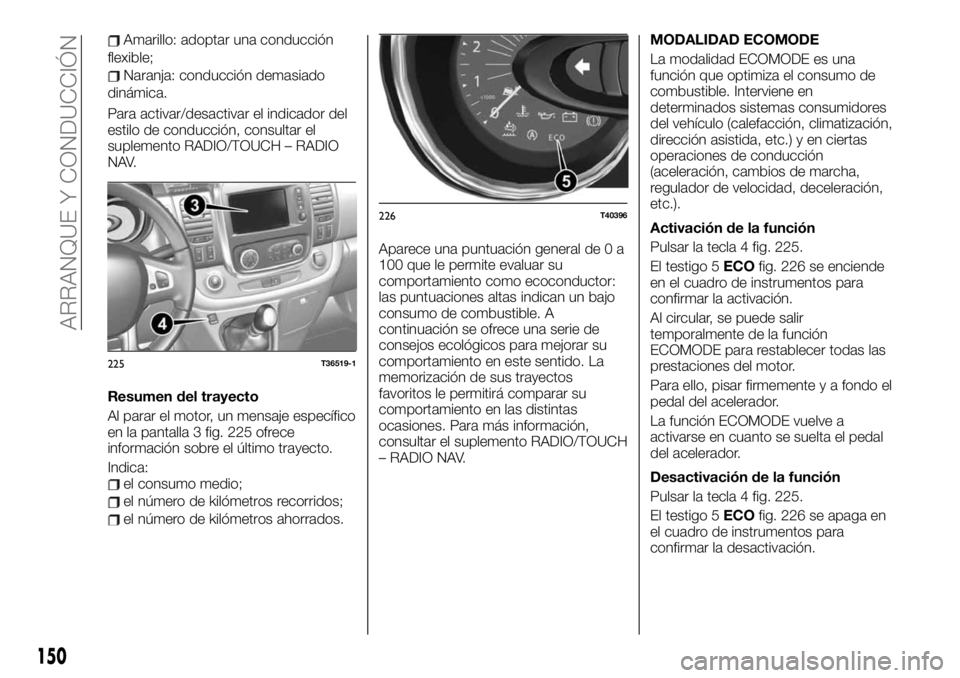 FIAT TALENTO 2020 Manual de Empleo y Cuidado (in Spanish) Amarillo: adoptar una conducción
flexible;
Naranja: conducción demasiado
dinámica.
Para activar/desactivar el indicador del
estilo de conducción, consultar el
suplemento RADIO/TOUCH – RADIO
NAV. FIAT TALENTO 2020 Manual de Empleo y Cuidado (in Spanish) Amarillo: adoptar una conducción
flexible;
Naranja: conducción demasiado
dinámica.
Para activar/desactivar el indicador del
estilo de conducción, consultar el
suplemento RADIO/TOUCH – RADIO
NAV.