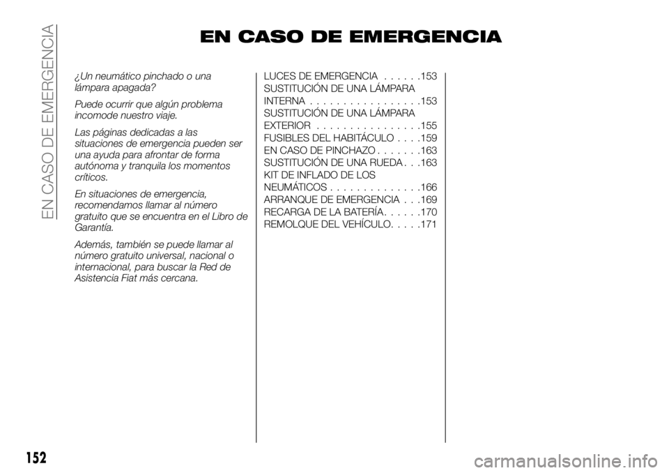 FIAT TALENTO 2020 Manual de Empleo y Cuidado (in Spanish) EN CASO DE EMERGENCIA
¿Un neumático pinchado o una
lámpara apagada?
Puede ocurrir que algún problema
incomode nuestro viaje.
Las páginas dedicadas a las
situaciones de emergencia pueden ser
una a FIAT TALENTO 2020 Manual de Empleo y Cuidado (in Spanish) EN CASO DE EMERGENCIA
¿Un neumático pinchado o una
lámpara apagada?
Puede ocurrir que algún problema
incomode nuestro viaje.
Las páginas dedicadas a las
situaciones de emergencia pueden ser
una a