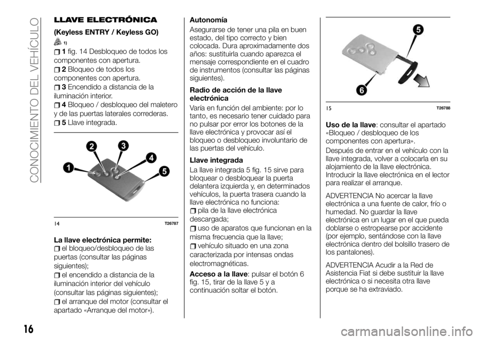 FIAT TALENTO 2021  Manual de Empleo y Cuidado (in Spanish) LLAVE ELECTRÓNICA
(Keyless ENTRY / Keyless GO)
1)
1fig. 14 Desbloqueo de todos los
componentes con apertura.
2Bloqueo de todos los
componentes con apertura.
3Encendido a distancia de la
iluminación 