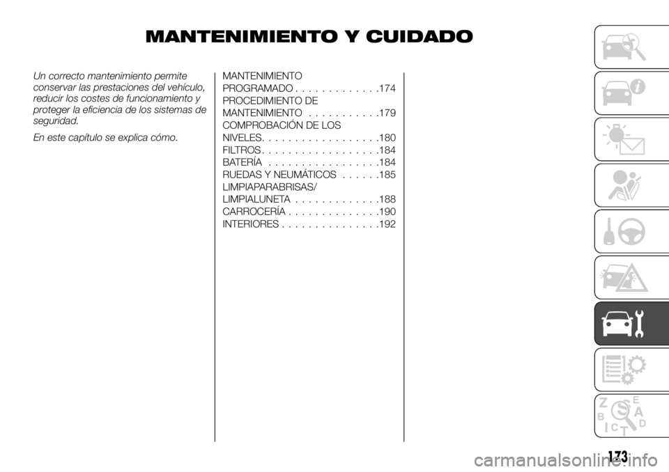 FIAT TALENTO 2020 Manual de Empleo y Cuidado (in Spanish) MANTENIMIENTO Y CUIDADO
Un correcto mantenimiento permite
conservar las prestaciones del vehículo,
reducir los costes de funcionamiento y
proteger la eficiencia de los sistemas de
seguridad.
En este FIAT TALENTO 2020 Manual de Empleo y Cuidado (in Spanish) MANTENIMIENTO Y CUIDADO
Un correcto mantenimiento permite
conservar las prestaciones del vehículo,
reducir los costes de funcionamiento y
proteger la eficiencia de los sistemas de
seguridad.
En este