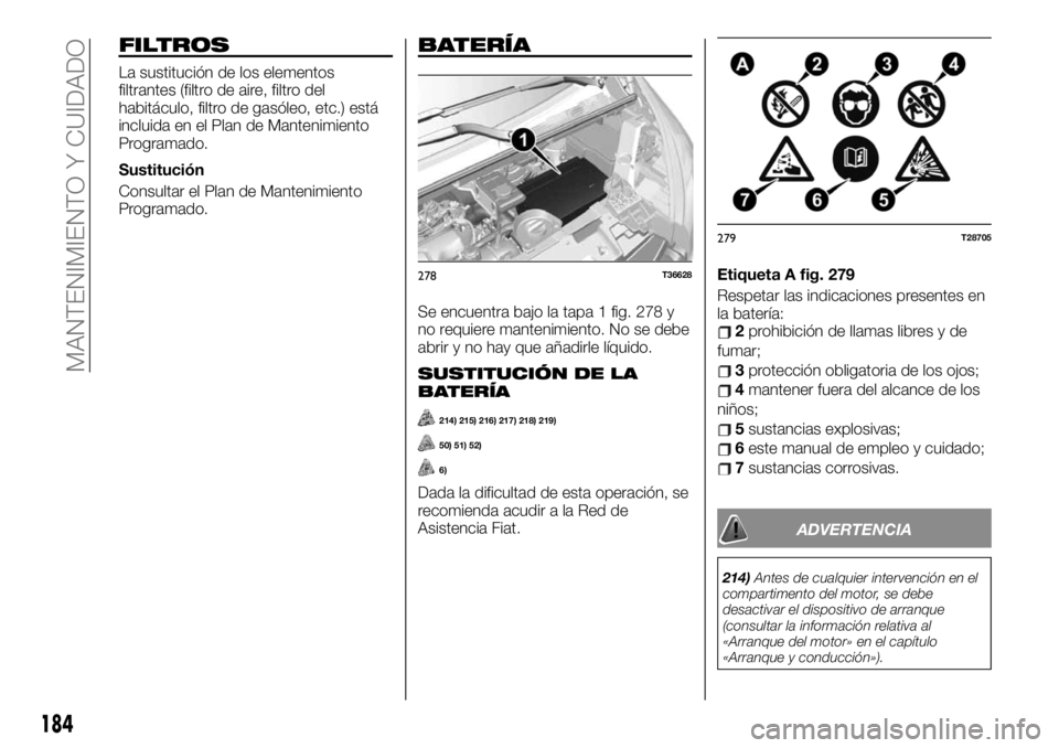 FIAT TALENTO 2020 Manual de Empleo y Cuidado (in Spanish) FILTROS
La sustitución de los elementos
filtrantes (filtro de aire, filtro del
habitáculo, filtro de gasóleo, etc.) está
incluida en el Plan de Mantenimiento
Programado.
Sustitución
Consultar el FIAT TALENTO 2020 Manual de Empleo y Cuidado (in Spanish) FILTROS
La sustitución de los elementos
filtrantes (filtro de aire, filtro del
habitáculo, filtro de gasóleo, etc.) está
incluida en el Plan de Mantenimiento
Programado.
Sustitución
Consultar el