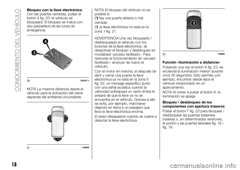 FIAT TALENTO 2020  Manual de Empleo y Cuidado (in Spanish) Bloqueo con la llave electrónica:
Con las puertas cerradas, pulsar el
botón 4 fig. 20: el vehículo se
bloqueará. El bloqueo se indica con
dos parpadeos de las luces de
emergencia.
NOTA La máxima 