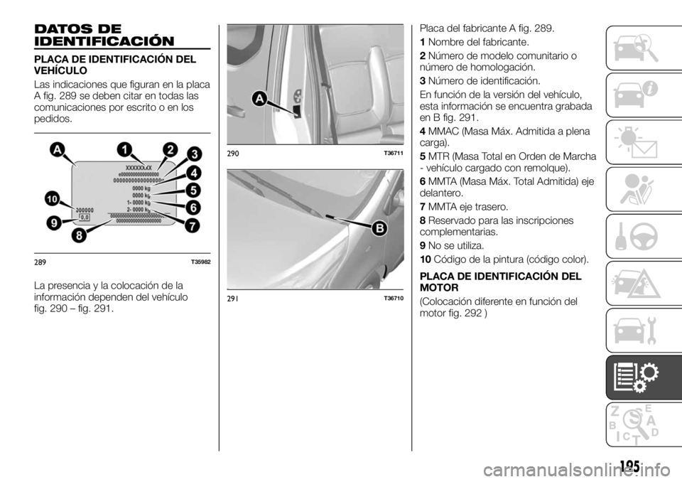 FIAT TALENTO 2020 Manual de Empleo y Cuidado (in Spanish) DATOS DE
IDENTIFICACIÓN
PLACA DE IDENTIFICACIÓN DEL
VEHÍCULO
Las indicaciones que figuran en la placa
A fig. 289 se deben citar en todas las
comunicaciones por escrito o en los
pedidos.
La presenci FIAT TALENTO 2020 Manual de Empleo y Cuidado (in Spanish) DATOS DE
IDENTIFICACIÓN
PLACA DE IDENTIFICACIÓN DEL
VEHÍCULO
Las indicaciones que figuran en la placa
A fig. 289 se deben citar en todas las
comunicaciones por escrito o en los
pedidos.
La presenci