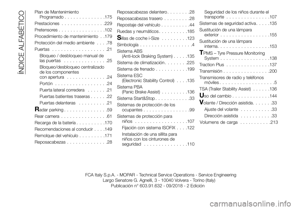 FIAT TALENTO 2019  Manual de Empleo y Cuidado (in Spanish) Plan de Mantenimiento
Programado..............175
Prestaciones...............229
Pretensores................102
Procedimiento de mantenimiento . .179
Protección del medio ambiente....78
Puertas......