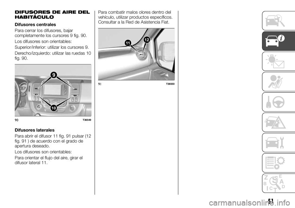 FIAT TALENTO 2020 Manual de Empleo y Cuidado (in Spanish) DIFUSORES DE AIRE DEL
HABITÁCULO
Difusores centrales
Para cerrar los difusores, bajar
completamente los cursores 9 fig. 90.
Los difusores son orientables:
Superior/inferior: utilizar los cursores 9.
FIAT TALENTO 2020 Manual de Empleo y Cuidado (in Spanish) DIFUSORES DE AIRE DEL
HABITÁCULO
Difusores centrales
Para cerrar los difusores, bajar
completamente los cursores 9 fig. 90.
Los difusores son orientables:
Superior/inferior: utilizar los cursores 9.