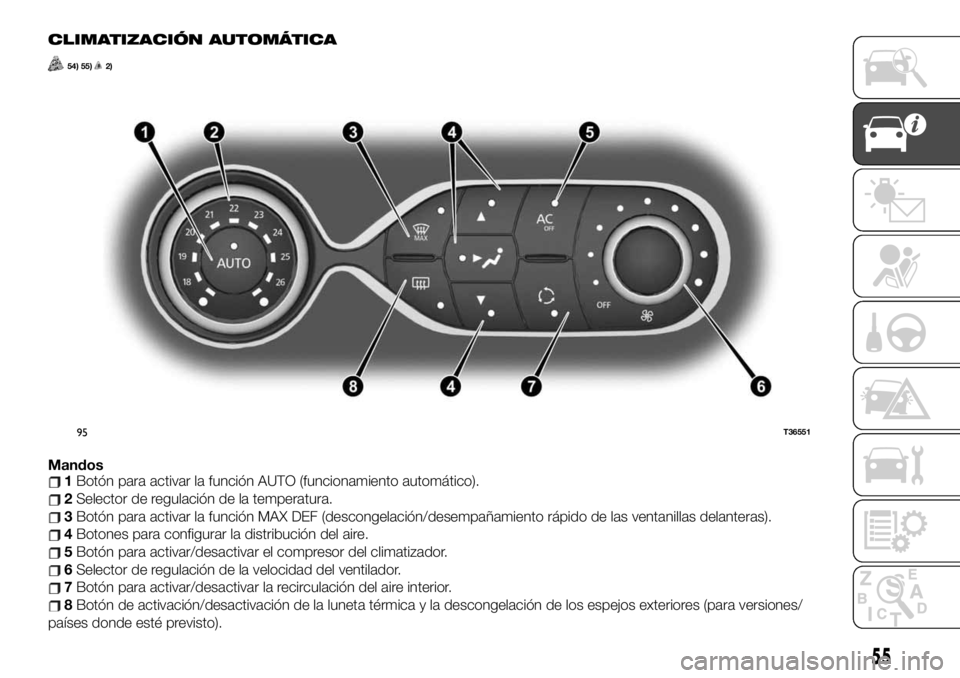 FIAT TALENTO 2020 Manual de Empleo y Cuidado (in Spanish) CLIMATIZACIÓN AUTOMÁTICA
54) 55)2)
Mandos1Botón para activar la función AUTO (funcionamiento automático).
2Selector de regulación de la temperatura.
3Botón para activar la función MAX DEF (des FIAT TALENTO 2020 Manual de Empleo y Cuidado (in Spanish) CLIMATIZACIÓN AUTOMÁTICA
54) 55)2)
Mandos1Botón para activar la función AUTO (funcionamiento automático).
2Selector de regulación de la temperatura.
3Botón para activar la función MAX DEF (des