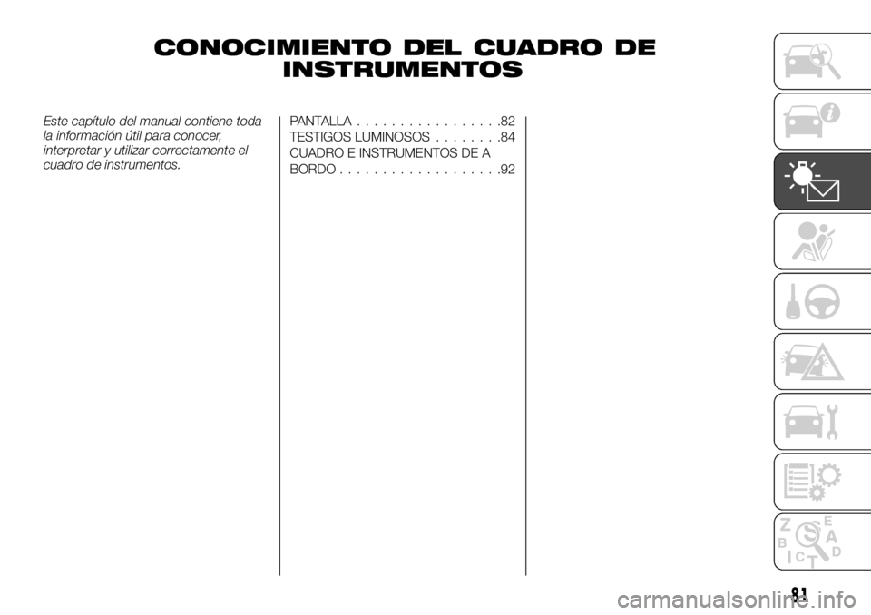 FIAT TALENTO 2020 Manual de Empleo y Cuidado (in Spanish) CONOCIMIENTO DEL CUADRO DE
INSTRUMENTOS
Este capítulo del manual contiene toda
la información útil para conocer,
interpretar y utilizar correctamente el
cuadro de instrumentos.PANTALLA............. FIAT TALENTO 2020 Manual de Empleo y Cuidado (in Spanish) CONOCIMIENTO DEL CUADRO DE
INSTRUMENTOS
Este capítulo del manual contiene toda
la información útil para conocer,
interpretar y utilizar correctamente el
cuadro de instrumentos.PANTALLA.............