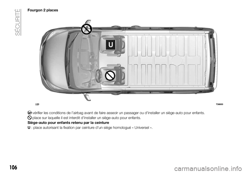 FIAT TALENTO 2017  Notice dentretien (in French) Fourgon 2 places
vérifier les conditions de l’airbag avant de faire asseoir un passager ou d'installer un siège-auto pour enfants.
place sur laquelle il est interdit d'installer un siège-