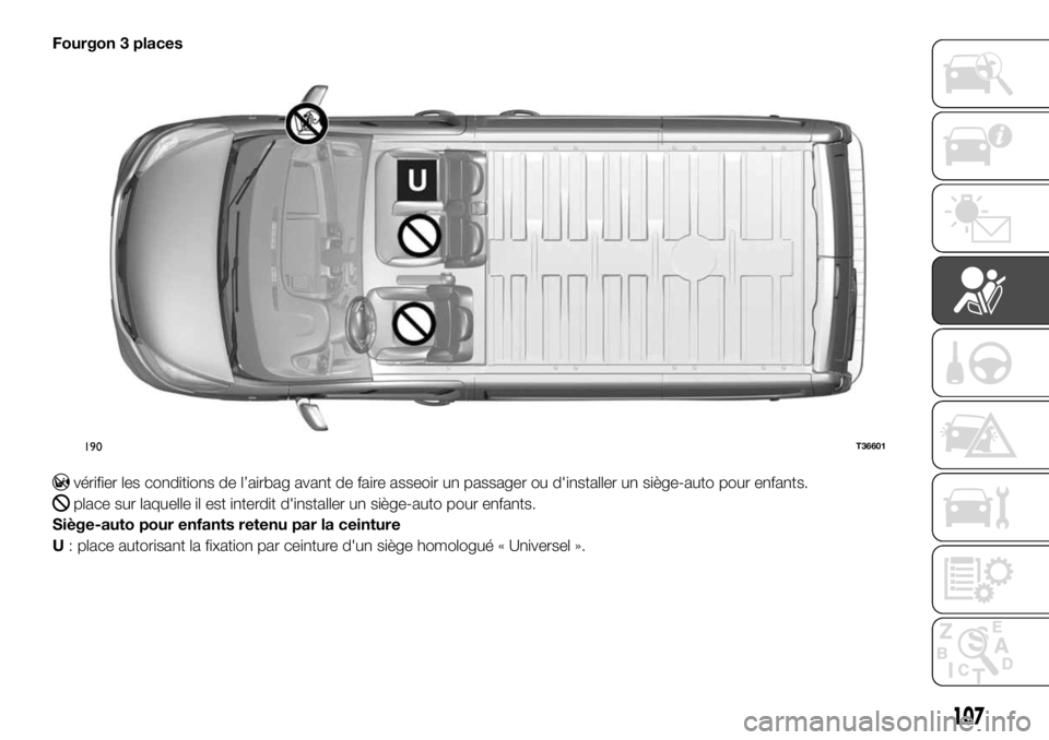 FIAT TALENTO 2017  Notice dentretien (in French) Fourgon 3 places
vérifier les conditions de l’airbag avant de faire asseoir un passager ou d'installer un siège-auto pour enfants.
place sur laquelle il est interdit d'installer un siège-