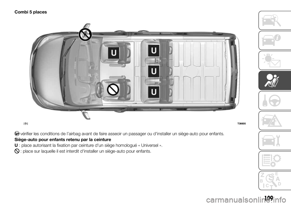 FIAT TALENTO 2017 Notice dentretien (in French) Combi 5 places
vérifier les conditions de l’airbag avant de faire asseoir un passager ou d'installer un siège-auto pour enfants.
Siège-auto pour enfants retenu par la ceinture
U: place autori FIAT TALENTO 2017 Notice dentretien (in French) Combi 5 places
vérifier les conditions de l’airbag avant de faire asseoir un passager ou d'installer un siège-auto pour enfants.
Siège-auto pour enfants retenu par la ceinture
U: place autori