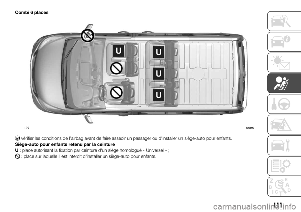 FIAT TALENTO 2017 Notice dentretien (in French) Combi 6 places
vérifier les conditions de l’airbag avant de faire asseoir un passager ou d'installer un siège-auto pour enfants.
Siège-auto pour enfants retenu par la ceinture
U: place autori FIAT TALENTO 2017 Notice dentretien (in French) Combi 6 places
vérifier les conditions de l’airbag avant de faire asseoir un passager ou d'installer un siège-auto pour enfants.
Siège-auto pour enfants retenu par la ceinture
U: place autori