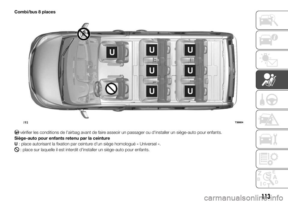 FIAT TALENTO 2017 Notice dentretien (in French) Combi/bus 8 places
vérifier les conditions de l’airbag avant de faire asseoir un passager ou d'installer un siège-auto pour enfants.
Siège-auto pour enfants retenu par la ceinture
U: place au FIAT TALENTO 2017 Notice dentretien (in French) Combi/bus 8 places
vérifier les conditions de l’airbag avant de faire asseoir un passager ou d'installer un siège-auto pour enfants.
Siège-auto pour enfants retenu par la ceinture
U: place au