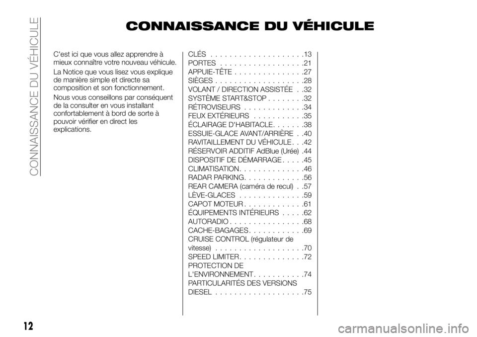 FIAT TALENTO 2017 Notice dentretien (in French) CONNAISSANCE DU VÉHICULE
C'est ici que vous allez apprendre à
mieux connaître votre nouveau véhicule.
La Notice que vous lisez vous explique
de manière simple et directe sa
composition et son FIAT TALENTO 2017 Notice dentretien (in French) CONNAISSANCE DU VÉHICULE
C'est ici que vous allez apprendre à
mieux connaître votre nouveau véhicule.
La Notice que vous lisez vous explique
de manière simple et directe sa
composition et son
