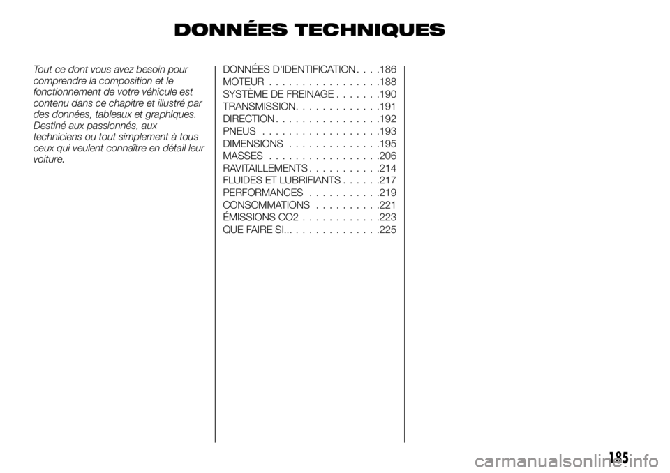 FIAT TALENTO 2017 Notice dentretien (in French) DONNÉES TECHNIQUES
Tout ce dont vous avez besoin pour
comprendre la composition et le
fonctionnement de votre véhicule est
contenu dans ce chapitre et illustré par
des données, tableaux et graphiq FIAT TALENTO 2017 Notice dentretien (in French) DONNÉES TECHNIQUES
Tout ce dont vous avez besoin pour
comprendre la composition et le
fonctionnement de votre véhicule est
contenu dans ce chapitre et illustré par
des données, tableaux et graphiq