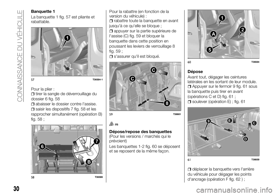 FIAT TALENTO 2017 Notice dentretien (in French) Banquette 1
La banquette 1 fig. 57 est pliante et
rabattable.
Pour la plier :
tirer la sangle de déverrouillage du
dossier 6 fig. 58
abaisser le dossier contre l'assise.
saisir les dispositifs 7 FIAT TALENTO 2017 Notice dentretien (in French) Banquette 1
La banquette 1 fig. 57 est pliante et
rabattable.
Pour la plier :
tirer la sangle de déverrouillage du
dossier 6 fig. 58
abaisser le dossier contre l'assise.
saisir les dispositifs 7