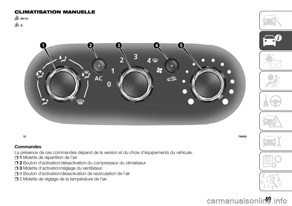 FIAT TALENTO 2017 Notice dentretien (in French) CLIMATISATION MANUELLE
50) 51)
2)
Commandes
La présence de ces commandes dépend de la version et du choix d’équipements du véhicule.
1Molette de répartition de l'air.
2Bouton d'activati FIAT TALENTO 2017 Notice dentretien (in French) CLIMATISATION MANUELLE
50) 51)
2)
Commandes
La présence de ces commandes dépend de la version et du choix d’équipements du véhicule.
1Molette de répartition de l'air.
2Bouton d'activati