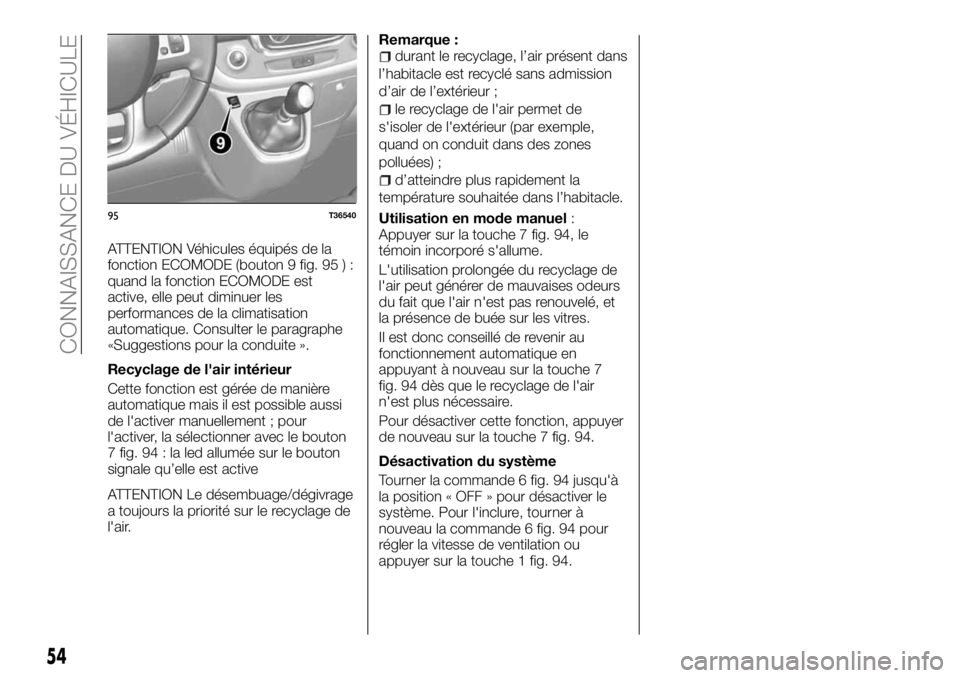 FIAT TALENTO 2017 Notice dentretien (in French) ATTENTION Véhicules équipés de la
fonction ECOMODE (bouton 9 fig. 95 ) :
quand la fonction ECOMODE est
active, elle peut diminuer les
performances de la climatisation
automatique. Consulter le para FIAT TALENTO 2017 Notice dentretien (in French) ATTENTION Véhicules équipés de la
fonction ECOMODE (bouton 9 fig. 95 ) :
quand la fonction ECOMODE est
active, elle peut diminuer les
performances de la climatisation
automatique. Consulter le para