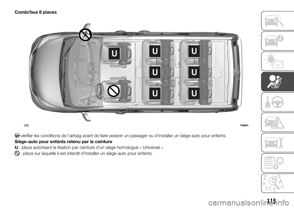 FIAT TALENTO 2018 Notice dentretien (in French) Combi/bus 8 places
vérifier les conditions de l’airbag avant de faire asseoir un passager ou d'installer un siège-auto pour enfants.
Siège-auto pour enfants retenu par la ceinture
U: place au FIAT TALENTO 2018 Notice dentretien (in French) Combi/bus 8 places
vérifier les conditions de l’airbag avant de faire asseoir un passager ou d'installer un siège-auto pour enfants.
Siège-auto pour enfants retenu par la ceinture
U: place au