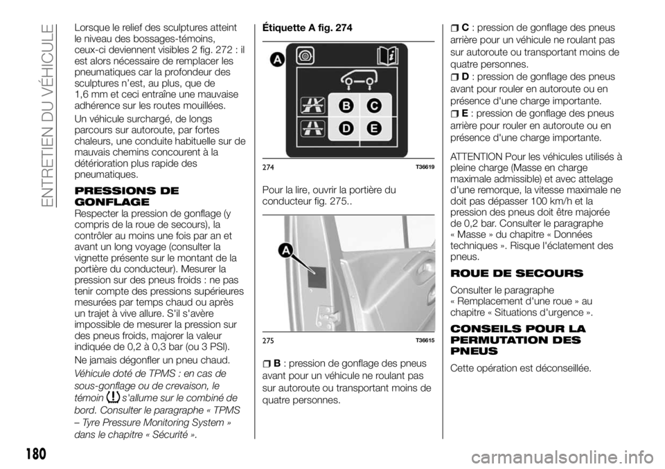 FIAT TALENTO 2018 Notice dentretien (in French) Lorsque le relief des sculptures atteint
le niveau des bossages-témoins,
ceux-ci deviennent visibles 2 fig. 272 : il
est alors nécessaire de remplacer les
pneumatiques car la profondeur des
sculptur FIAT TALENTO 2018 Notice dentretien (in French) Lorsque le relief des sculptures atteint
le niveau des bossages-témoins,
ceux-ci deviennent visibles 2 fig. 272 : il
est alors nécessaire de remplacer les
pneumatiques car la profondeur des
sculptur