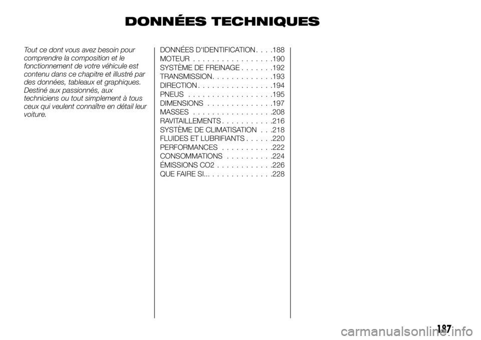 FIAT TALENTO 2018 Notice dentretien (in French) DONNÉES TECHNIQUES
Tout ce dont vous avez besoin pour
comprendre la composition et le
fonctionnement de votre véhicule est
contenu dans ce chapitre et illustré par
des données, tableaux et graphiq FIAT TALENTO 2018 Notice dentretien (in French) DONNÉES TECHNIQUES
Tout ce dont vous avez besoin pour
comprendre la composition et le
fonctionnement de votre véhicule est
contenu dans ce chapitre et illustré par
des données, tableaux et graphiq