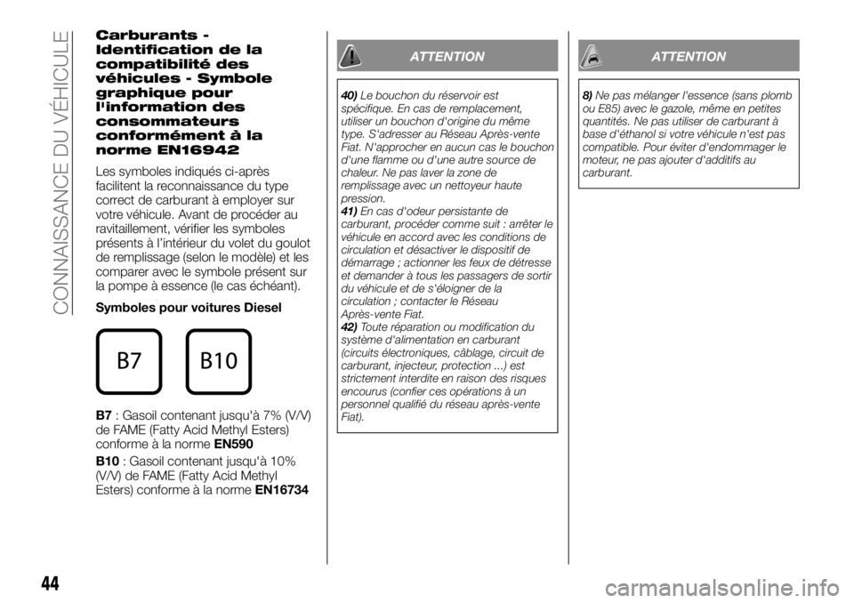 FIAT TALENTO 2018  Notice dentretien (in French) Carburants -
Identification de la
compatibilité des
véhicules - Symbole
graphique pour
l'information des
consommateurs
conformément à la
norme EN16942
Les symboles indiqués ci-après
facilite