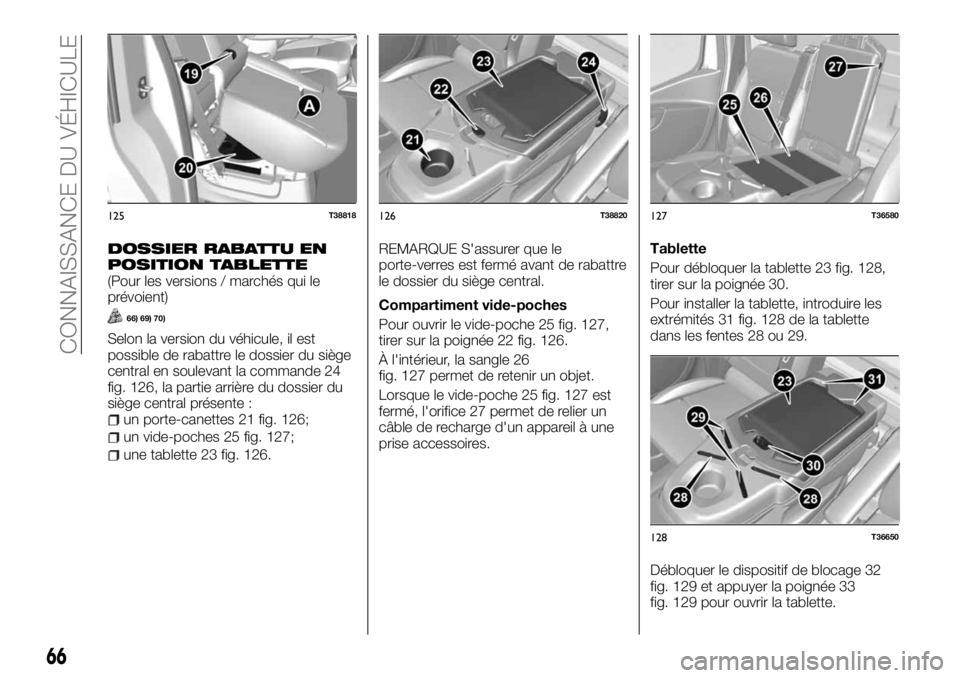 FIAT TALENTO 2018  Notice dentretien (in French) DOSSIER RABATTU EN
POSITION TABLETTE
(Pour les versions / marchés qui le
prévoient)
66) 69) 70)
Selon la version du véhicule, il est
possible de rabattre le dossier du siège
central en soulevant l