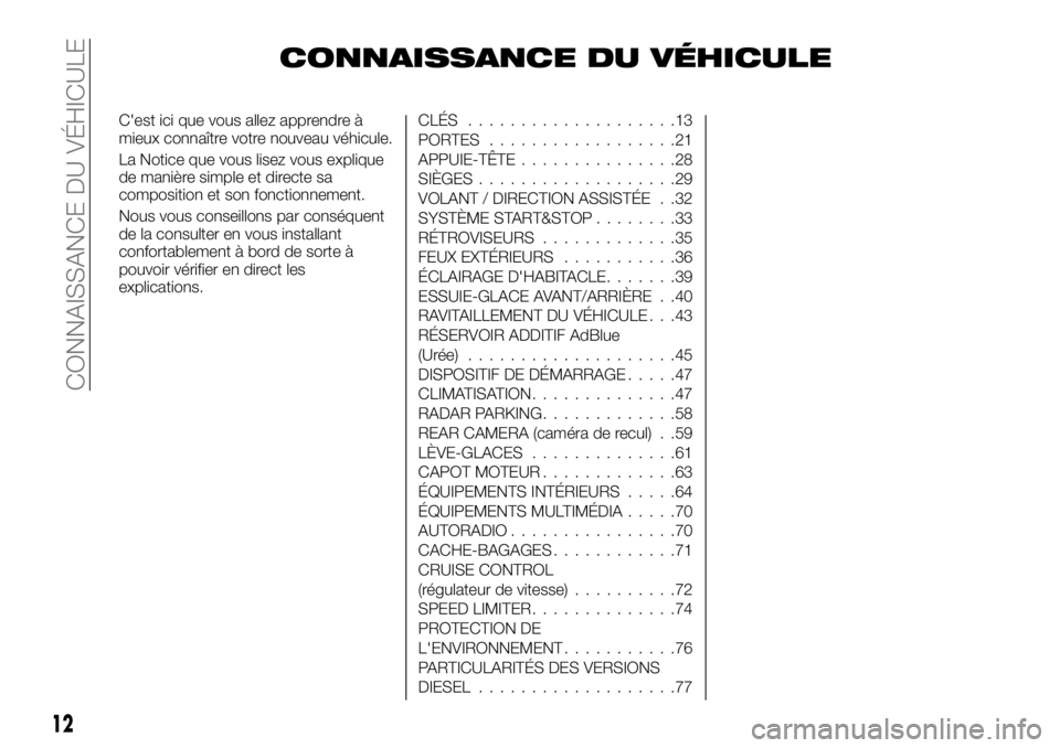 FIAT TALENTO 2021 Notice dentretien (in French) CONNAISSANCE DU VÉHICULE
C'est ici que vous allez apprendre à
mieux connaître votre nouveau véhicule.
La Notice que vous lisez vous explique
de manière simple et directe sa
composition et son FIAT TALENTO 2021 Notice dentretien (in French) CONNAISSANCE DU VÉHICULE
C'est ici que vous allez apprendre à
mieux connaître votre nouveau véhicule.
La Notice que vous lisez vous explique
de manière simple et directe sa
composition et son