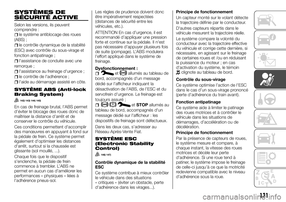 FIAT TALENTO 2020 Notice dentretien (in French) SYSTÈMES DE
SÉCURITÉ ACTIVE
Selon les versions, ils peuvent
comprendre :
le système antiblocage des roues
(ABS) ;
le contrôle dynamique de la stabilité
(ESC) avec contrôle du sous-virage et
fon FIAT TALENTO 2020 Notice dentretien (in French) SYSTÈMES DE
SÉCURITÉ ACTIVE
Selon les versions, ils peuvent
comprendre :
le système antiblocage des roues
(ABS) ;
le contrôle dynamique de la stabilité
(ESC) avec contrôle du sous-virage et
fon