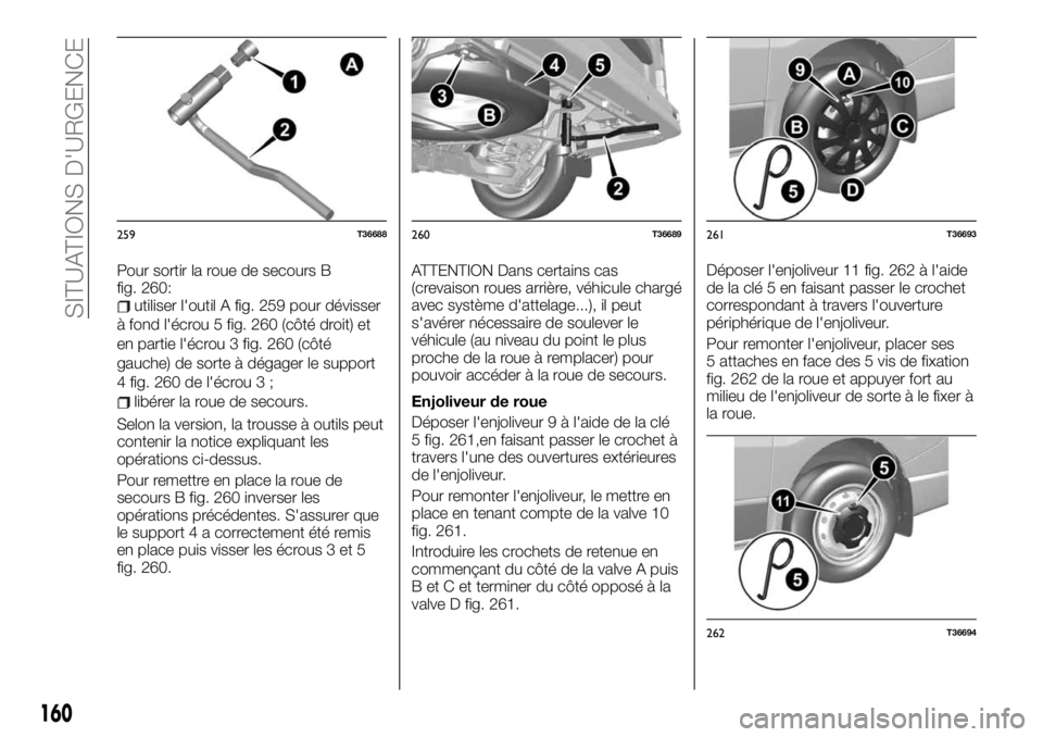 FIAT TALENTO 2020 Notice dentretien (in French) Pour sortir la roue de secours B
fig. 260:
utiliser l'outil A fig. 259 pour dévisser
à fond l'écrou 5 fig. 260 (côté droit) et
en partie l'écrou 3 fig. 260 (côté
gauche) de sorte FIAT TALENTO 2020 Notice dentretien (in French) Pour sortir la roue de secours B
fig. 260:
utiliser l'outil A fig. 259 pour dévisser
à fond l'écrou 5 fig. 260 (côté droit) et
en partie l'écrou 3 fig. 260 (côté
gauche) de sorte