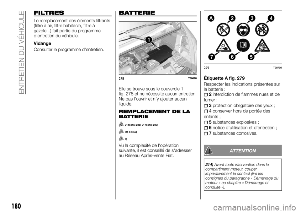 FIAT TALENTO 2019 Notice dentretien (in French) FILTRES
Le remplacement des éléments filtrants
(filtre à air, filtre habitacle, filtre à
gazole...) fait partie du programme
d'entretien du véhicule.
Vidange
Consulter le programme d'entr FIAT TALENTO 2019 Notice dentretien (in French) FILTRES
Le remplacement des éléments filtrants
(filtre à air, filtre habitacle, filtre à
gazole...) fait partie du programme
d'entretien du véhicule.
Vidange
Consulter le programme d'entr
