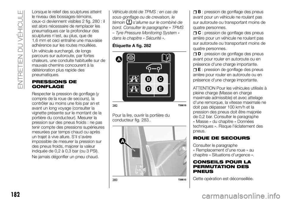 FIAT TALENTO 2020 Notice dentretien (in French) Lorsque le relief des sculptures atteint
le niveau des bossages-témoins,
ceux-ci deviennent visibles 2 fig. 280 : il
est alors nécessaire de remplacer les
pneumatiques car la profondeur des
sculptur FIAT TALENTO 2020 Notice dentretien (in French) Lorsque le relief des sculptures atteint
le niveau des bossages-témoins,
ceux-ci deviennent visibles 2 fig. 280 : il
est alors nécessaire de remplacer les
pneumatiques car la profondeur des
sculptur