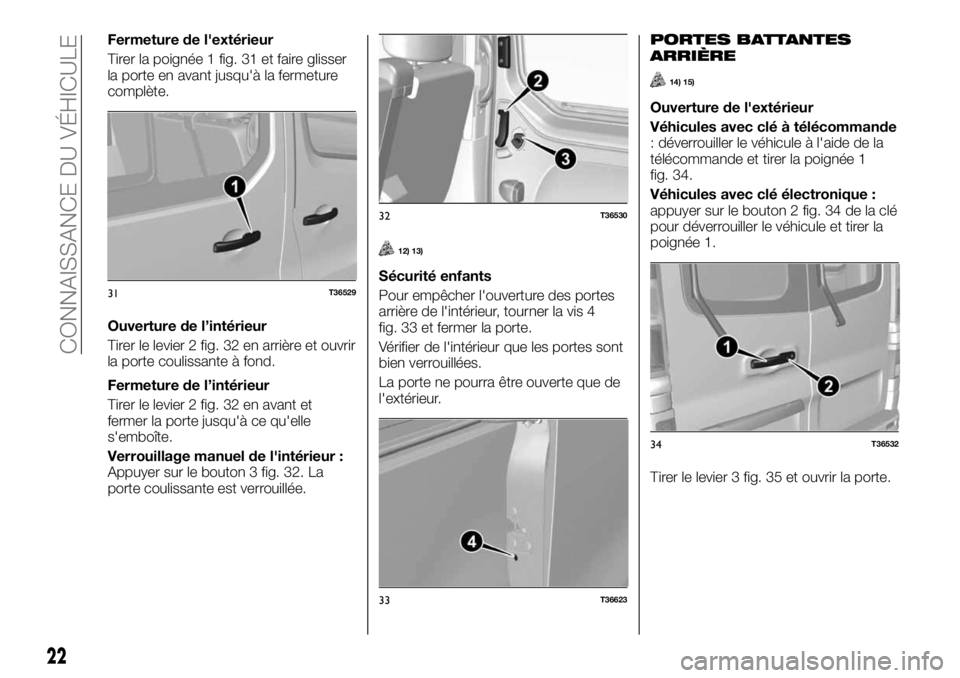 FIAT TALENTO 2020  Notice dentretien (in French) Fermeture de l'extérieur
Tirer la poignée 1 fig. 31 et faire glisser
la porte en avant jusqu'à la fermeture
complète.
Ouverture de l’intérieur
Tirer le levier 2 fig. 32 en arrière et o