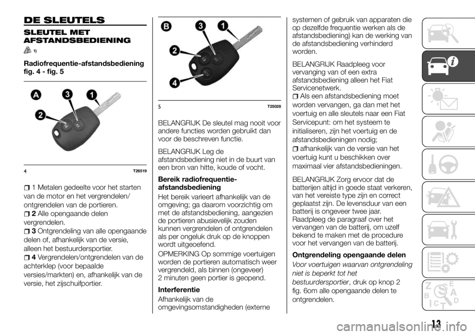 FIAT TALENTO 2017 Instructieboek (in Dutch) DE SLEUTELS
SLEUTEL MET
AFSTANDSBEDIENING
1)
Radiofrequentie-afstandsbediening
fig. 4 - fig. 5
1 Metalen gedeelte voor het starten
van de motor en het vergrendelen/
ontgrendelen van de portieren.
2All FIAT TALENTO 2017 Instructieboek (in Dutch) DE SLEUTELS
SLEUTEL MET
AFSTANDSBEDIENING
1)
Radiofrequentie-afstandsbediening
fig. 4 - fig. 5
1 Metalen gedeelte voor het starten
van de motor en het vergrendelen/
ontgrendelen van de portieren.
2All
