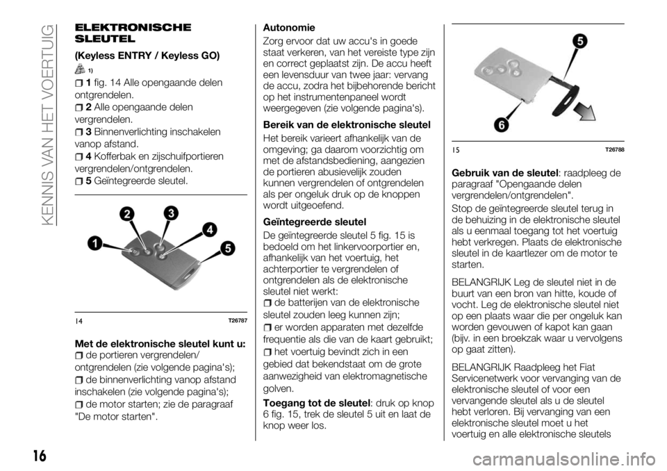 FIAT TALENTO 2017  Instructieboek (in Dutch) ELEKTRONISCHE
SLEUTEL
(Keyless ENTRY / Keyless GO)
1)
1fig. 14 Alle opengaande delen
ontgrendelen.
2Alle opengaande delen
vergrendelen.
3Binnenverlichting inschakelen
vanop afstand.
4Kofferbak en zijs