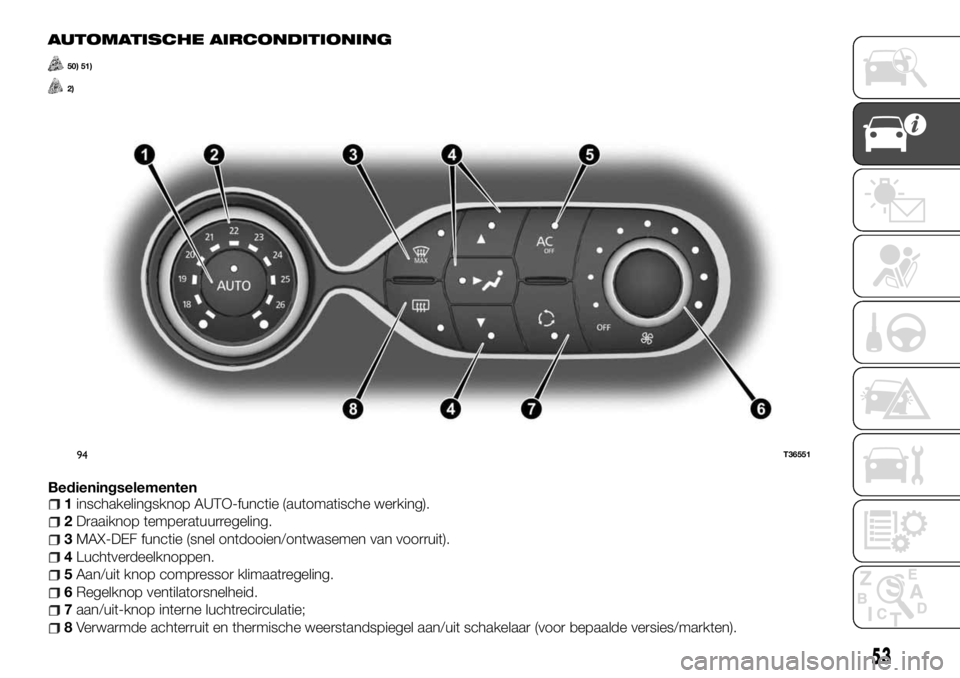 FIAT TALENTO 2017  Instructieboek (in Dutch) AUTOMATISCHE AIRCONDITIONING
50) 51)
2)
Bedieningselementen1inschakelingsknop AUTO-functie (automatische werking).
2Draaiknop temperatuurregeling.
3MAX-DEF functie (snel ontdooien/ontwasemen van voorr